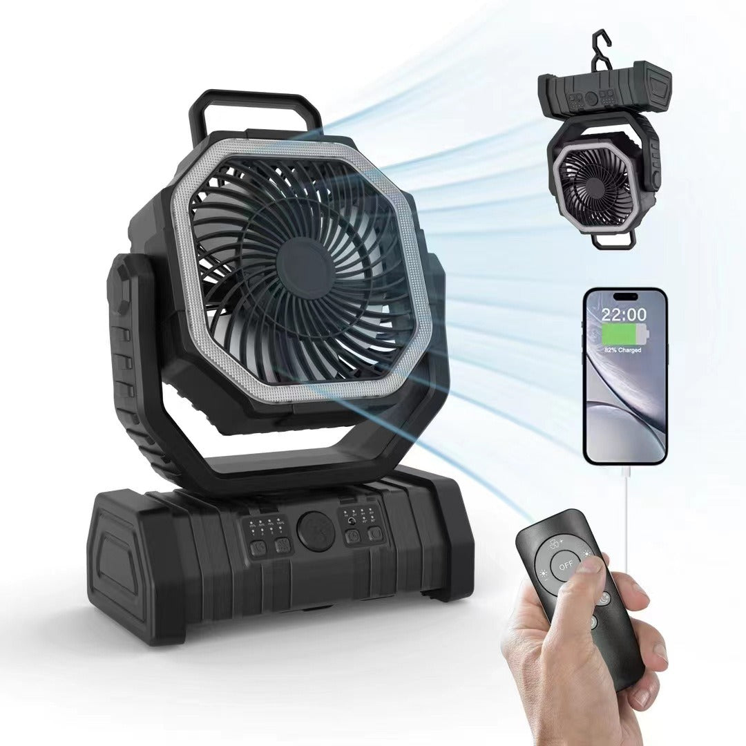 Tragbarer, wiederaufladbarer Outdoor-Camping-Ventilator mit Haken, USB-Tischventilator mit LED-Notlicht und Powerbank für Picknick, Wandern, Angeln