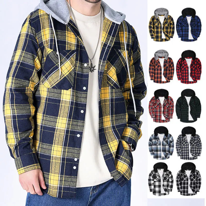 Schicke Herren-Hemdjacke mit Farbblock-Karomuster und Kapuze, langärmliges Hemd mit Kordelzug und Tasche, Frühling/Herbst