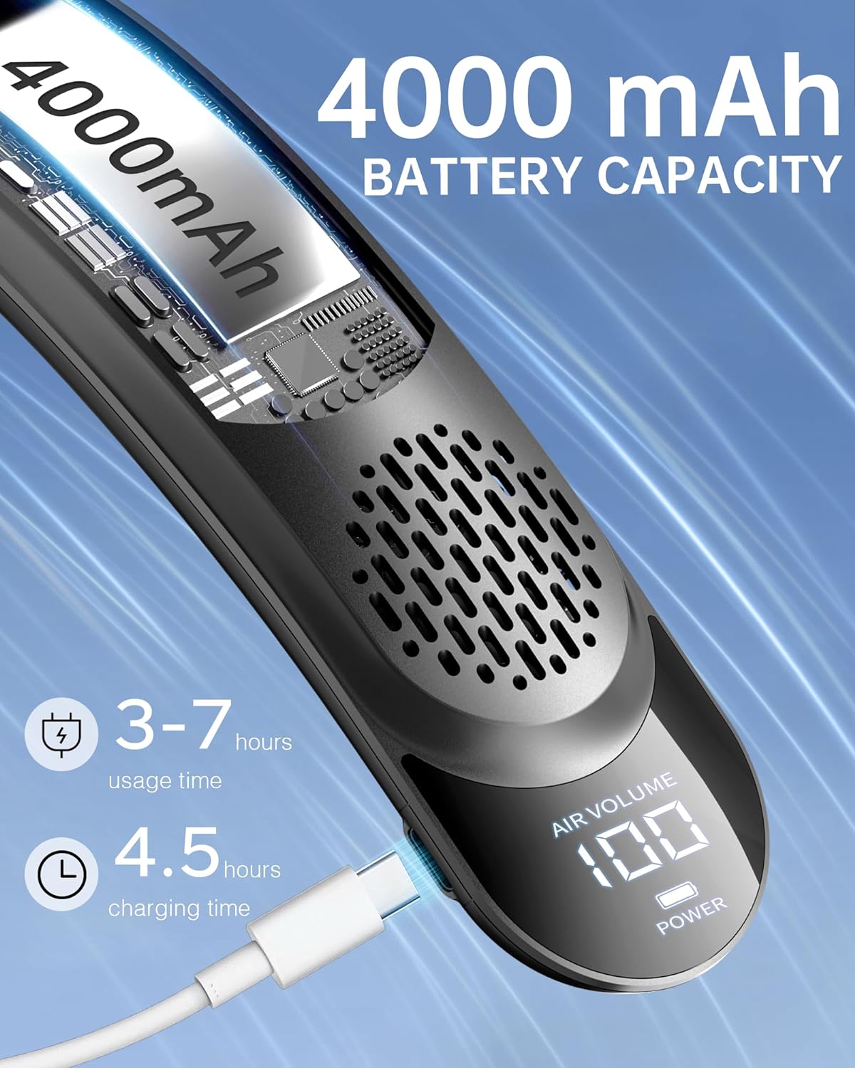 Tragbarer Nackenventilator mit 4 Turbo-Blättern, wiederaufladbar über USB, 360°-Kühlluftstrom | S8