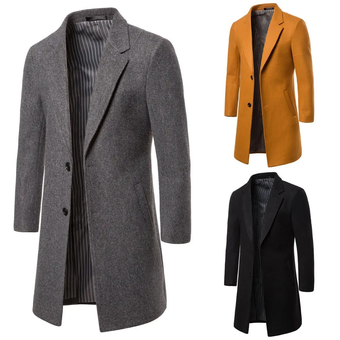 Herren Trenchcoat aus Wolle mit Umlegekragen, lang, aus Wolle und Wollmischungen, Wolljacke, Mantel | JJ-YF601