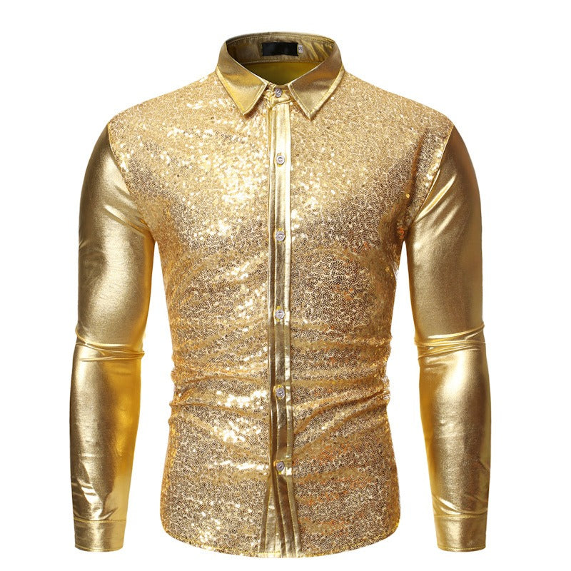 Herren Pailletten Bronzing Patchwork Tanzshirt Schlank Atmungsaktiv Party Top | ZT-CS86