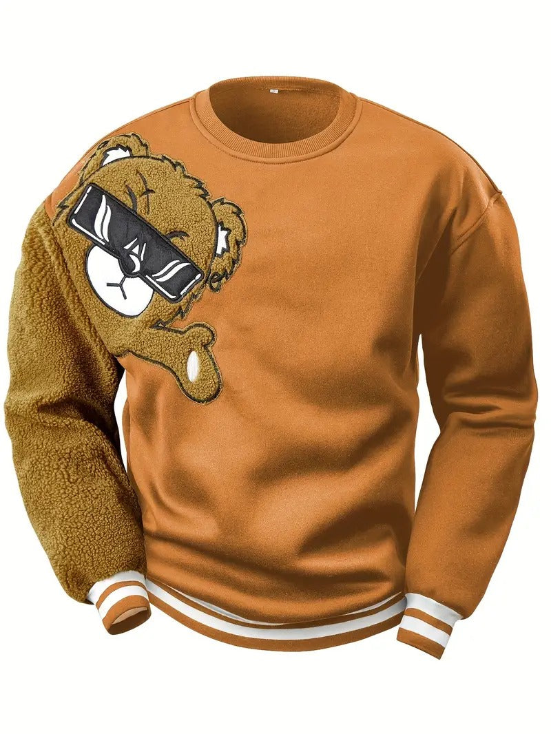 Herren-Sweatshirt mit Cartoon-Bär-Stickerei, Rundhalsausschnitt, Übergröße, Polyestergewebe, lebendiges Tiermuster, Oberteil, Freizeitkleidung, Strickstoffhemd