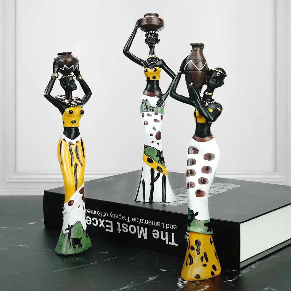 Heimdekor-Bastelset aus Kunstharz, 3-teilig, afrikanische Damenfigur, Statuen, dekorative Sammlerstücke | RRW001
