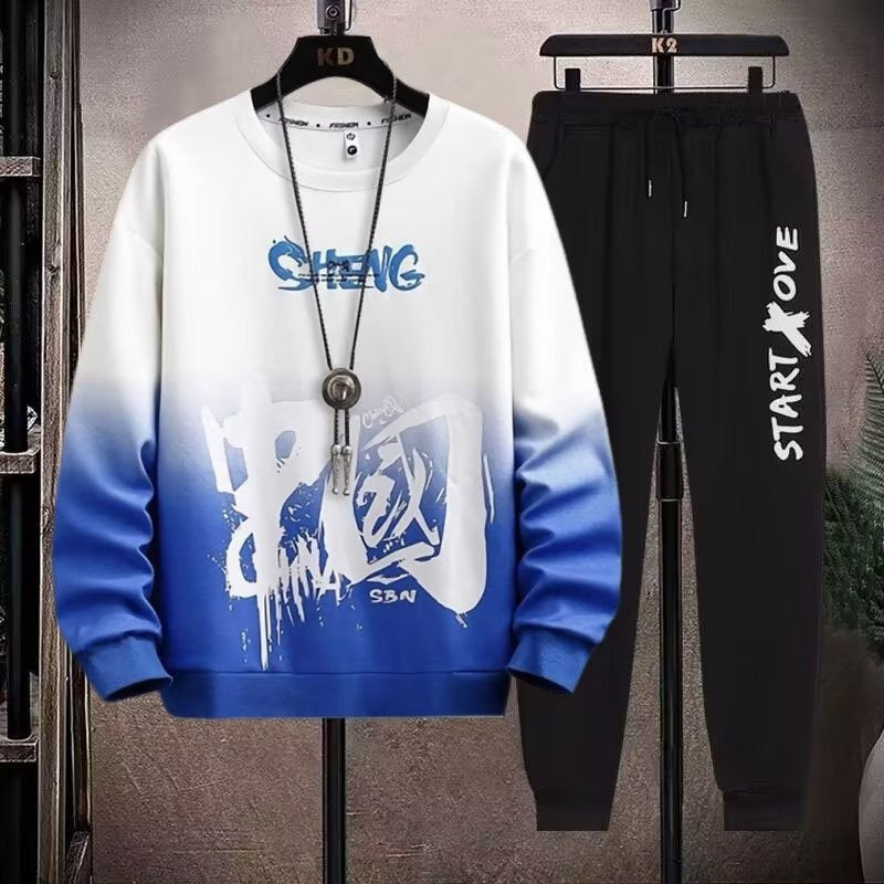 2-teiliges Sweat-Set für Herren, Hose, lässiger Pullover, T-Shirt, Oberbekleidung, locker, All-Match, Farbverlauf, langärmelig, Studentenoberteile | W93