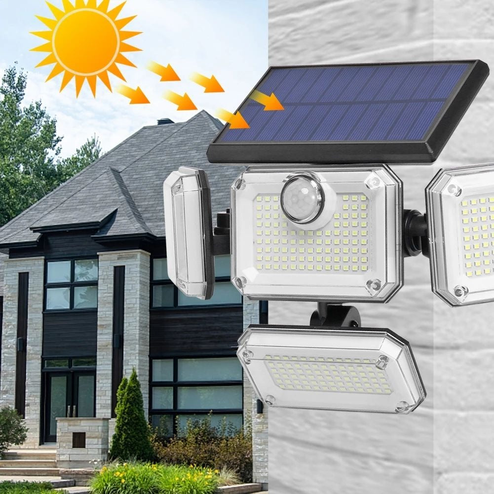 Solar-LED-Wandleuchten für den Außenbereich, geteiltes Licht mit Bewegungsmelder, 4 Köpfe, 3 Modi, Solarlampe |