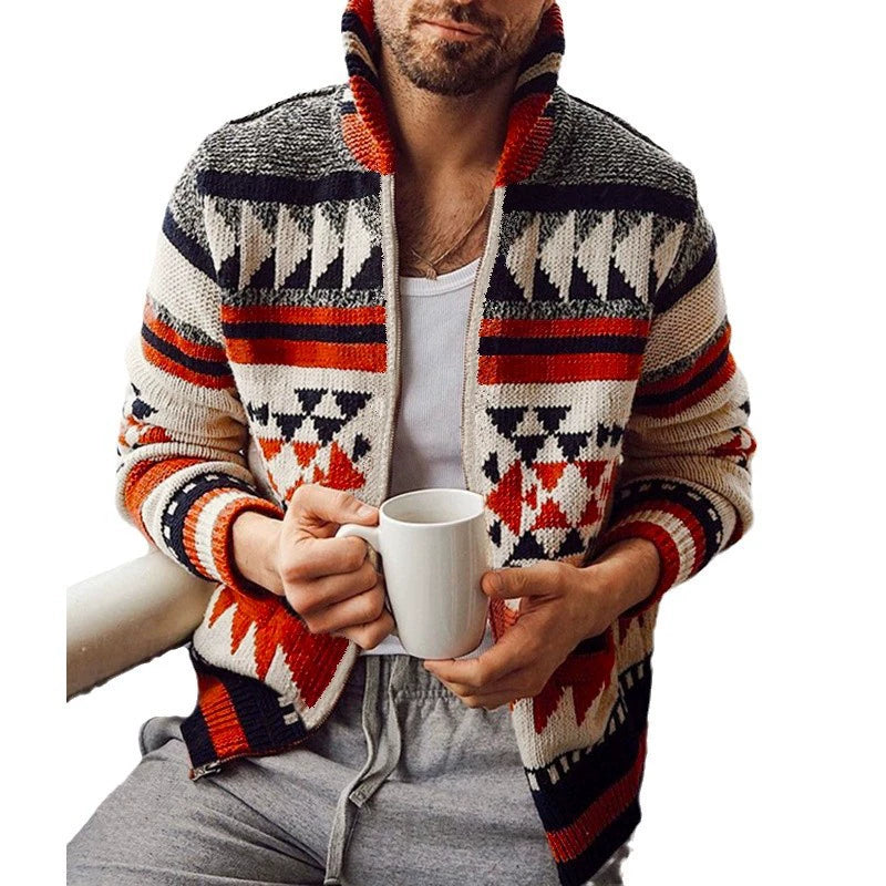 Herren-Strickjacke mit Reißverschluss, europäischer und amerikanischer Jacquard-Pullover mit langen Ärmeln und Revers | SY0012