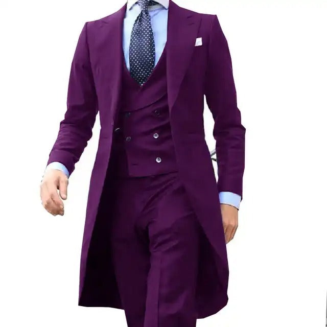3-teiliger Herrenanzug, Smoking, langer Blazer, maßgeschneidert, handgefertigt, 3-teilig, Party-, Hochzeits- und Arbeitskleid (Blazer + Weste + Hose) | 102