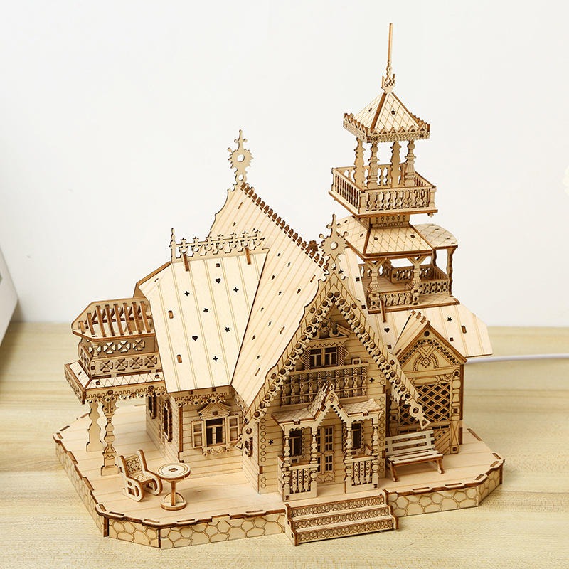 3D-Puzzles aus Holz, Villa, Schloss, DIY-Holzhandwerk, Kinder, leuchtende Hobbys, Lernspielzeug | PT-045