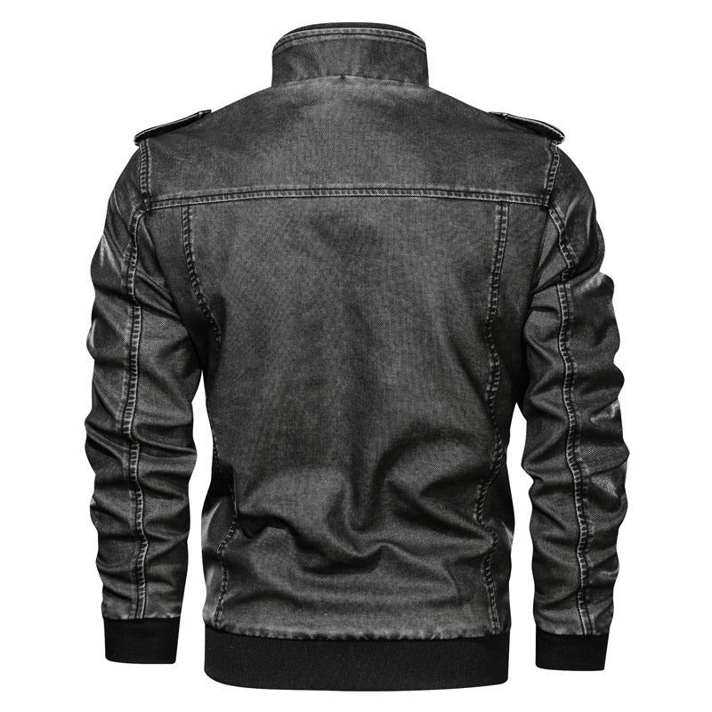 Herren PU-Leder Stehkragen Solider Reißverschluss Outdoor Casual Tops Mantel Jacke | 833