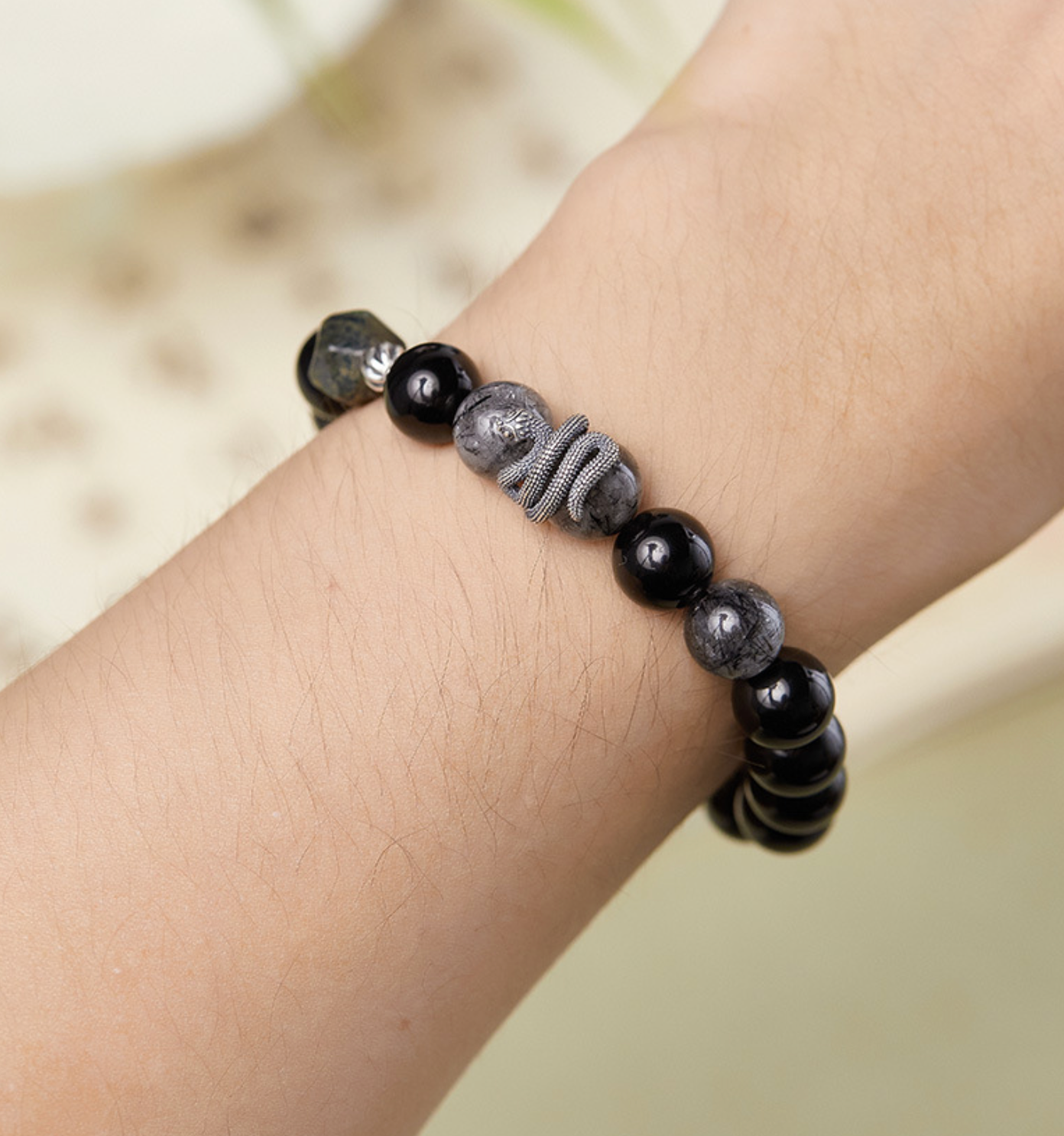 Black Mamba Serpent's Essence Obsidiankristall & Silber Schlangenarmband für Herren | VB24731-1BBYS