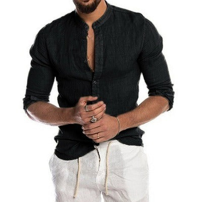 Herren Freizeithemden Einfarbiges Leinen Langarm Stehkragen Cardigan Hemd | 418