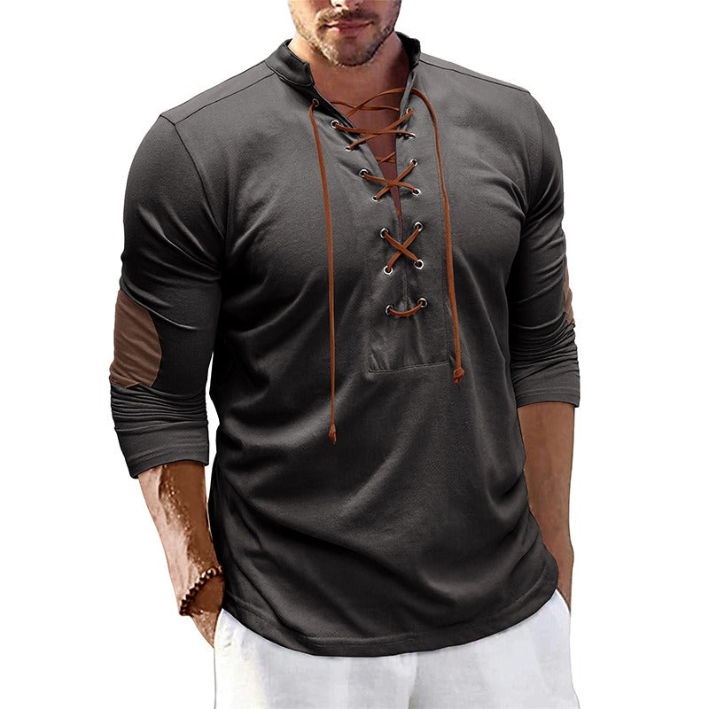 Herren Retro Langarm T-Shirt Offener Stehkragen Base Unhooded Shirt | 2379