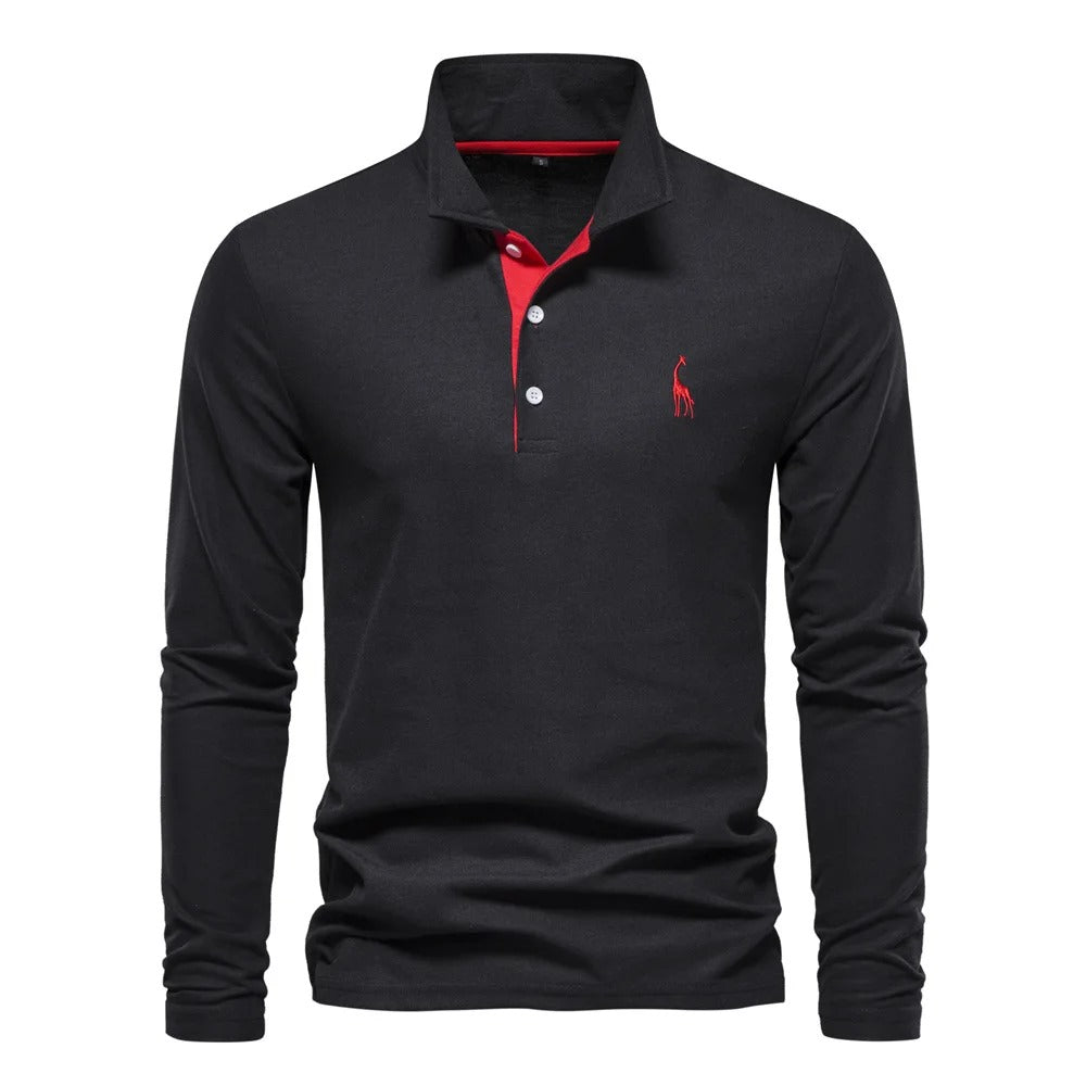 Herren Poloshirt aus Baumwolle, modisch, lässig, langärmelig, mit Hirsch-Stickerei-Design, T-Shirt für Männer | T12