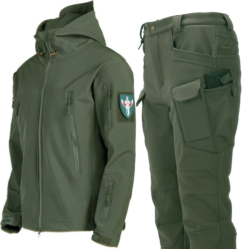Wasserdichter Wanderanzug für Herren, Outdoor-Windjacke, taktische Jacken, Kapuzenjacke, Trekkinghose für Männer, Thermo-Fleece-Jagdset | 00856
