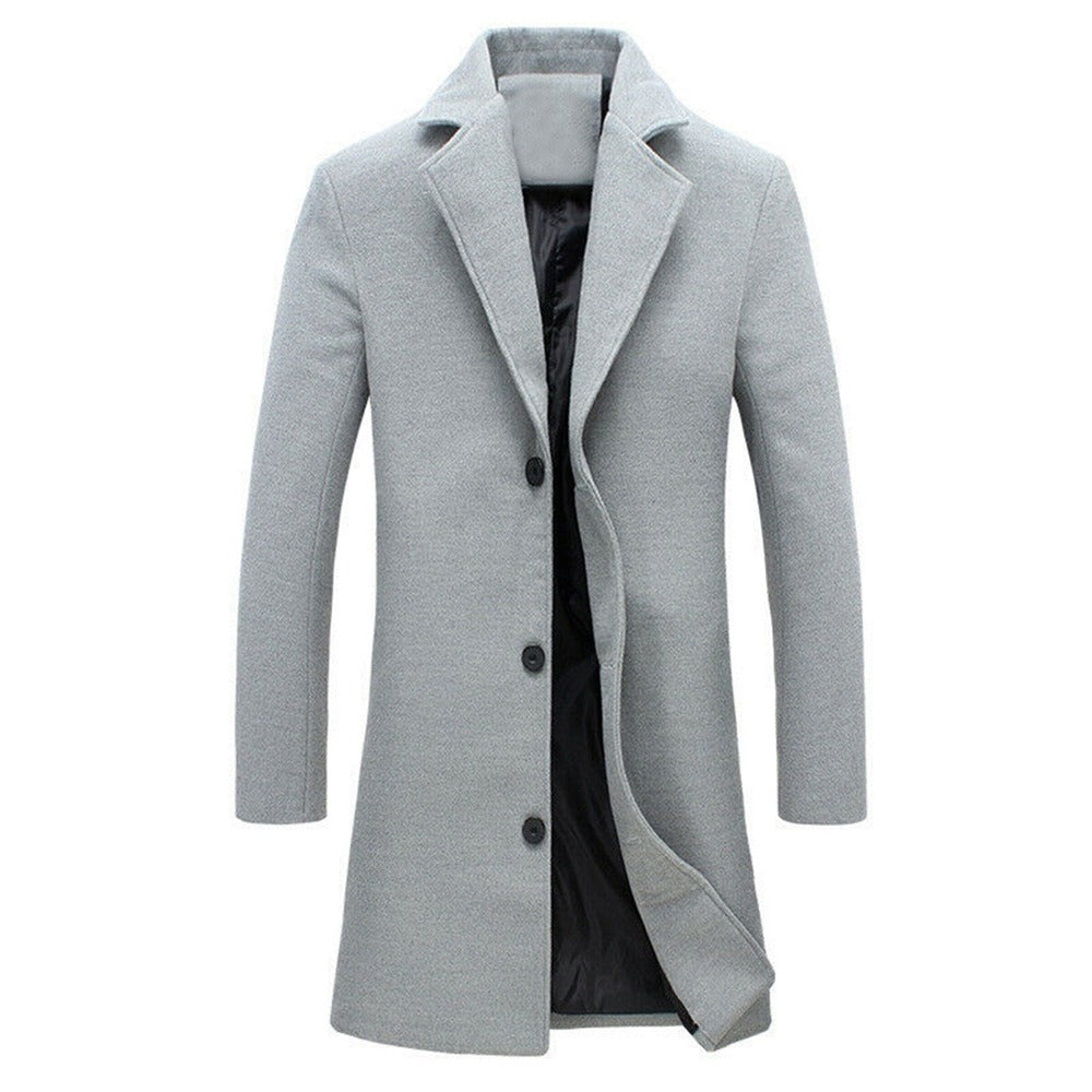 Herren Leichte Wolljacke Einfarbig Einreihig Revers Langer Mantel Business Mantel | D67