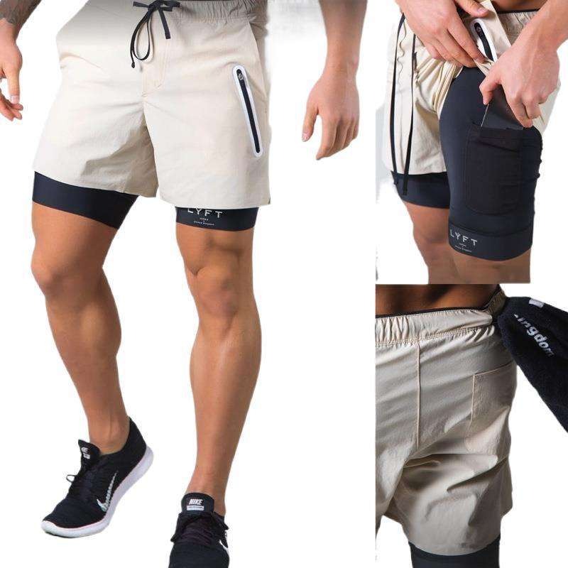 Herren Doppellagige Shorts mit Reißverschlusstasche zum Trainieren, Laufen, Fitnessstudio, Sportfutter | DK-03