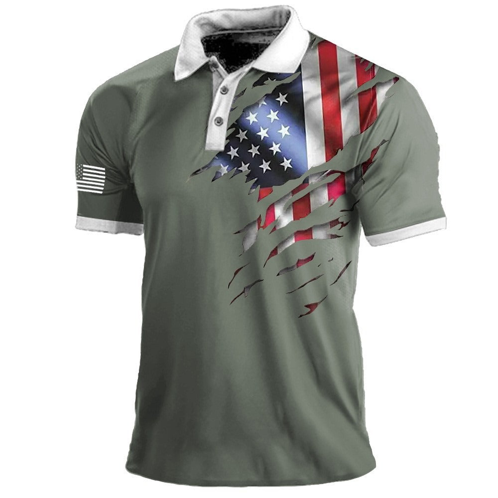 Herren-Poloshirt mit amerikanischer Flaggen-Print, Sport- und Outdoor-Revers, kurzärmelig | 112