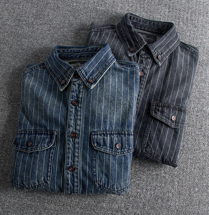 Herren Retro Heavy Distressed Denim Shirt Slim Fit Gestreiftes Langarmhemd | 8833