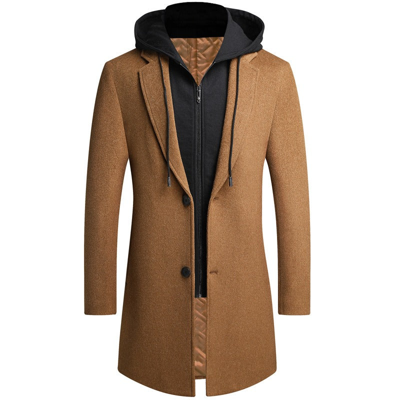Herren Wolljacke mit abnehmbarer Kapuze, winddicht, mittellanger Mantel, lässiger, dicker Trenchcoat | 1909-3