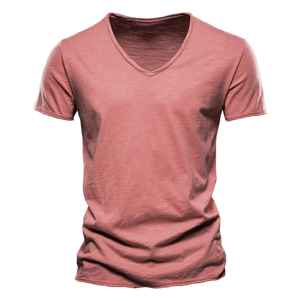 Herren T-Shirt mit tiefem V-Ausschnitt, 100 % Baumwolle, einfarbig, V-Kragen, hochwertiges Basic-T-Shirt | F037
