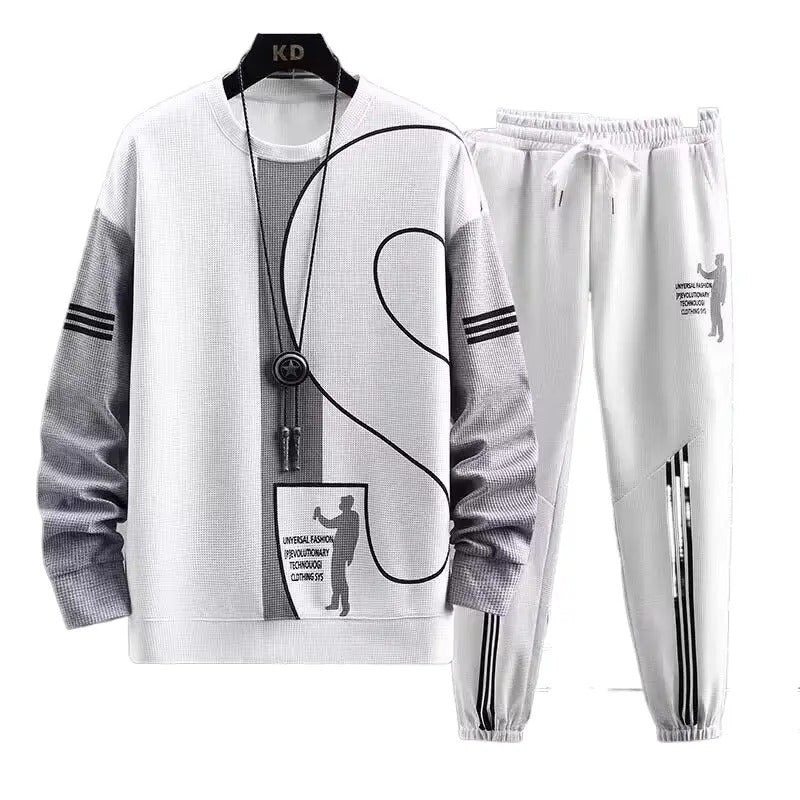 Polo-Langarmshirt mit Hose, Golf-Poloshirt, Pullover-Set, lässiges Waffel-Oberteil mit Rundhalsausschnitt für Herren