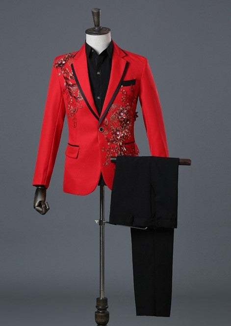 Herrenanzug, 2-teilig, formell, bestickt, elegant, mit blinkenden Pailletten, Kristallen, Blazer, Mantel, Abschlussball, Party, Smoking, Kostüm, Hochzeitsoutfit