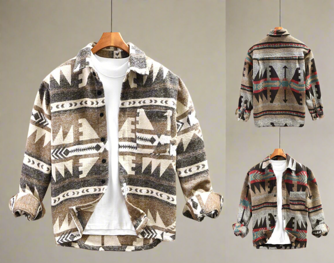 Herren Vintage Loose Fit Ethnic Aztec Geometric Print Shirt Top Pocket Woolen Shacket Plus Size Jacke | SYG-2580