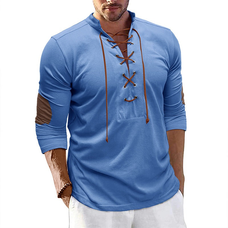 Herren Retro Langarm T-Shirt Offener Stehkragen Base Unhooded Shirt | 2379