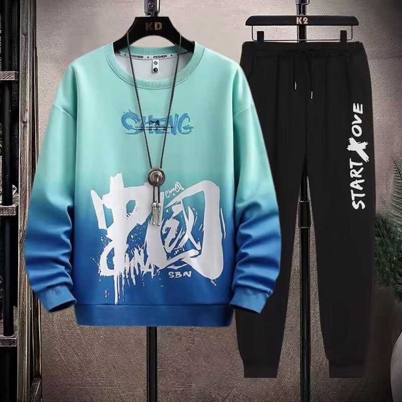 2-teiliges Sweat-Set für Herren, Hose, lässiger Pullover, T-Shirt, Oberbekleidung, locker, All-Match, Farbverlauf, langärmelig, Studentenoberteile | W93