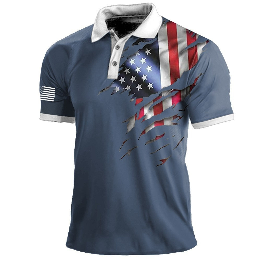 Herren-Poloshirt mit amerikanischer Flaggen-Print, Sport- und Outdoor-Revers, kurzärmelig | 112
