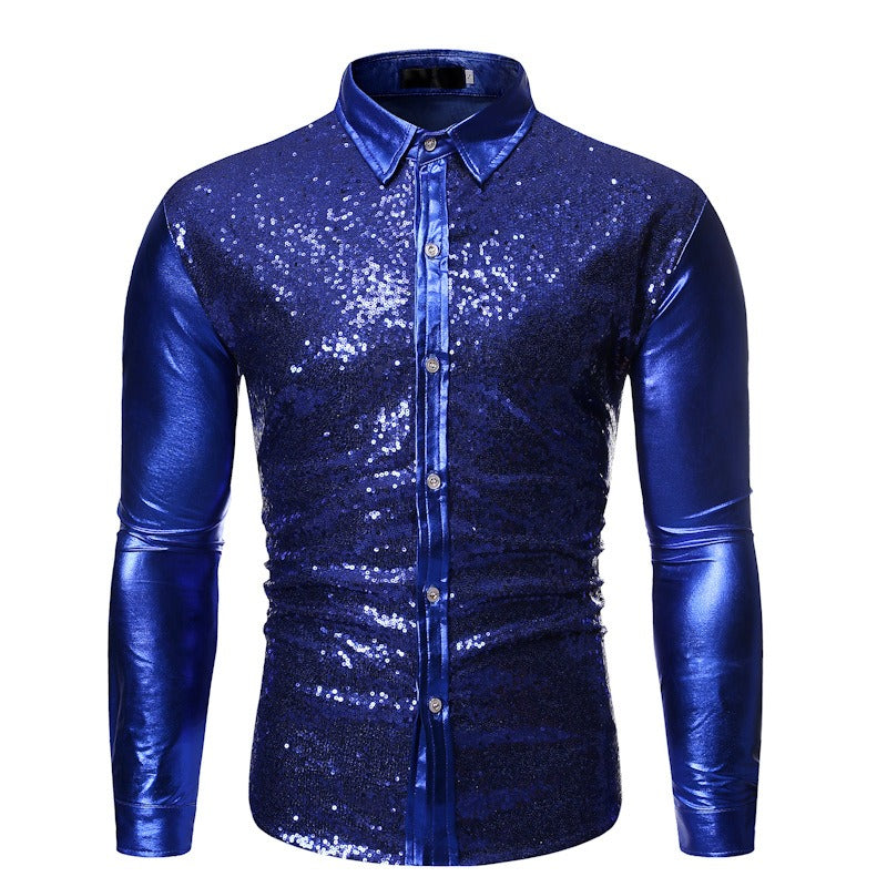 Herren Pailletten Bronzing Patchwork Tanzshirt Schlank Atmungsaktiv Party Top | ZT-CS86