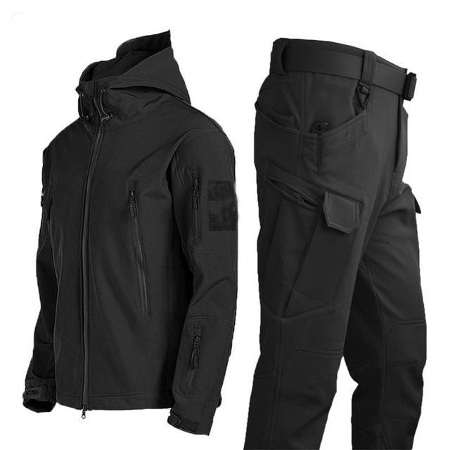 Wasserdichter Wanderanzug für Herren, Outdoor-Windjacke, taktische Jacken, Kapuzenjacke, Trekkinghose für Männer, Thermo-Fleece-Jagdset | 00856