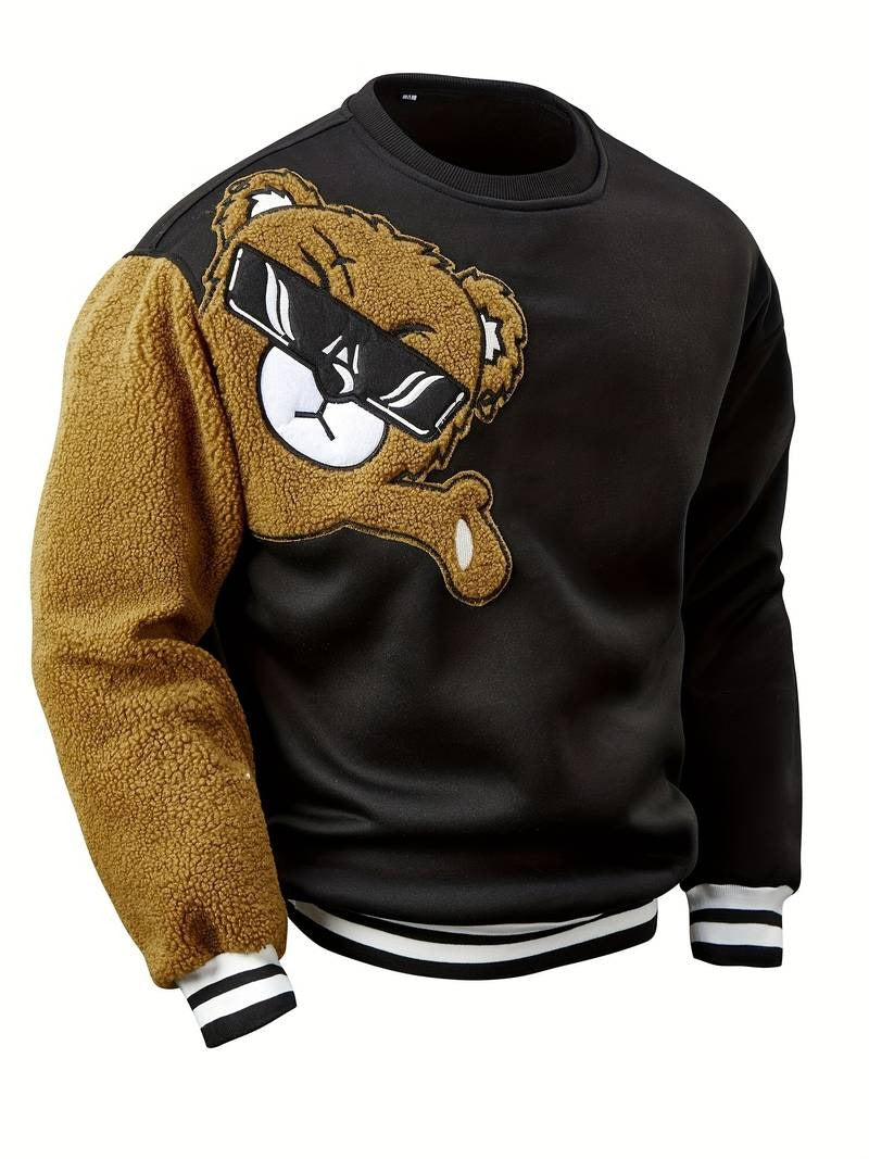 Herren-Sweatshirt mit Cartoon-Bär-Stickerei, Rundhalsausschnitt, Übergröße, Polyestergewebe, lebendiges Tiermuster, Oberteil, Freizeitkleidung, Strickstoffhemd