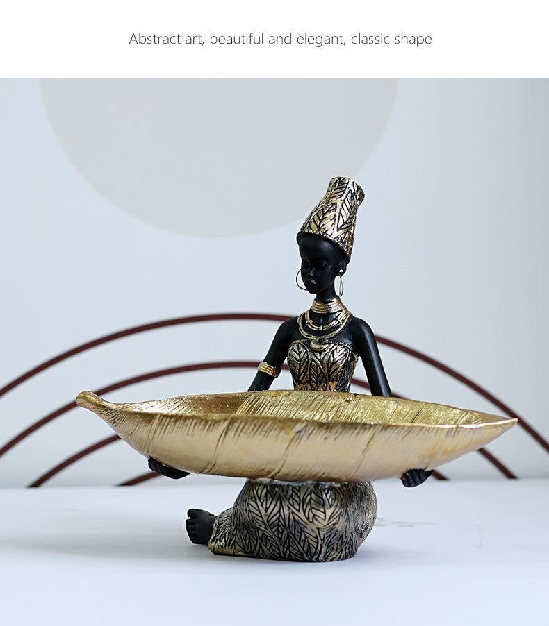 Afrikanischer schwarzer Obstteller, Ornament aus Kunstharz, Heimdekor mit Volkskunstmuster im thailändischen Stil, Schreibtisch-Aufbewahrungsdekoration | RRW040