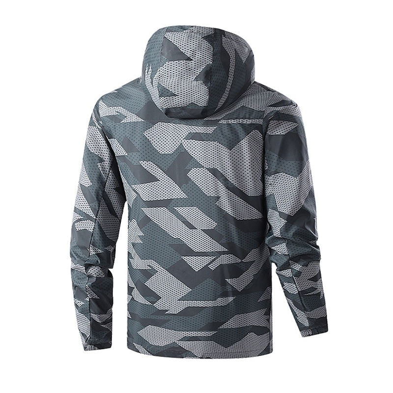 Herrenjacken, vollständig mit Camouflage-Muster bedruckt, leichte Jacken, Trenchcoat-Windbreaker mit durchgehendem Reißverschluss und Kapuze |