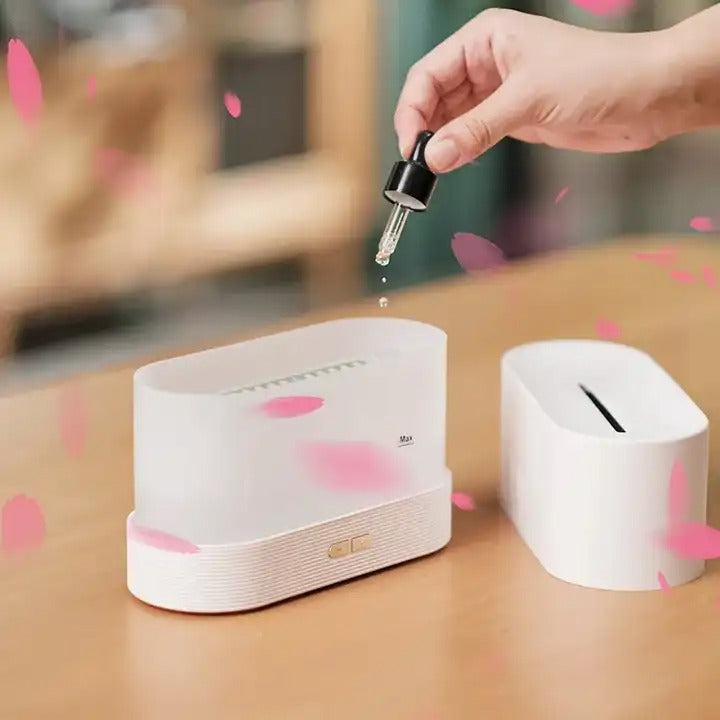 Aroma-Luftbefeuchter, 7 Farben, künstliche Flammen, geräuschloser Diffusor für ätherische Öle zur Entspannung zu Hause und im Büro | DQ701