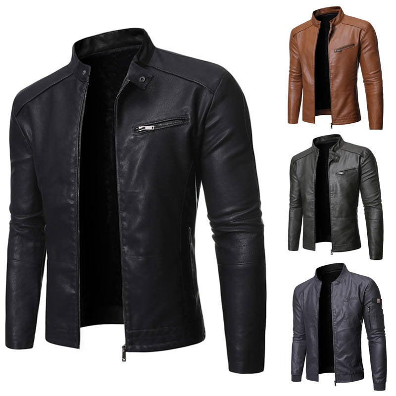 Winter Herren Motorrad Lederjacke Stehkragen Ledermantel