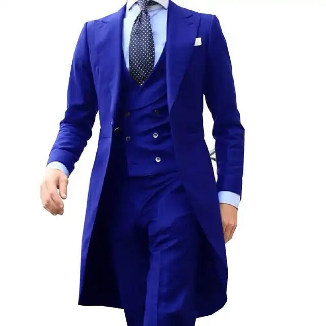 3-teiliger Herrenanzug, Smoking, langer Blazer, maßgeschneidert, handgefertigt, 3-teilig, Party-, Hochzeits- und Arbeitskleid (Blazer + Weste + Hose) | 102