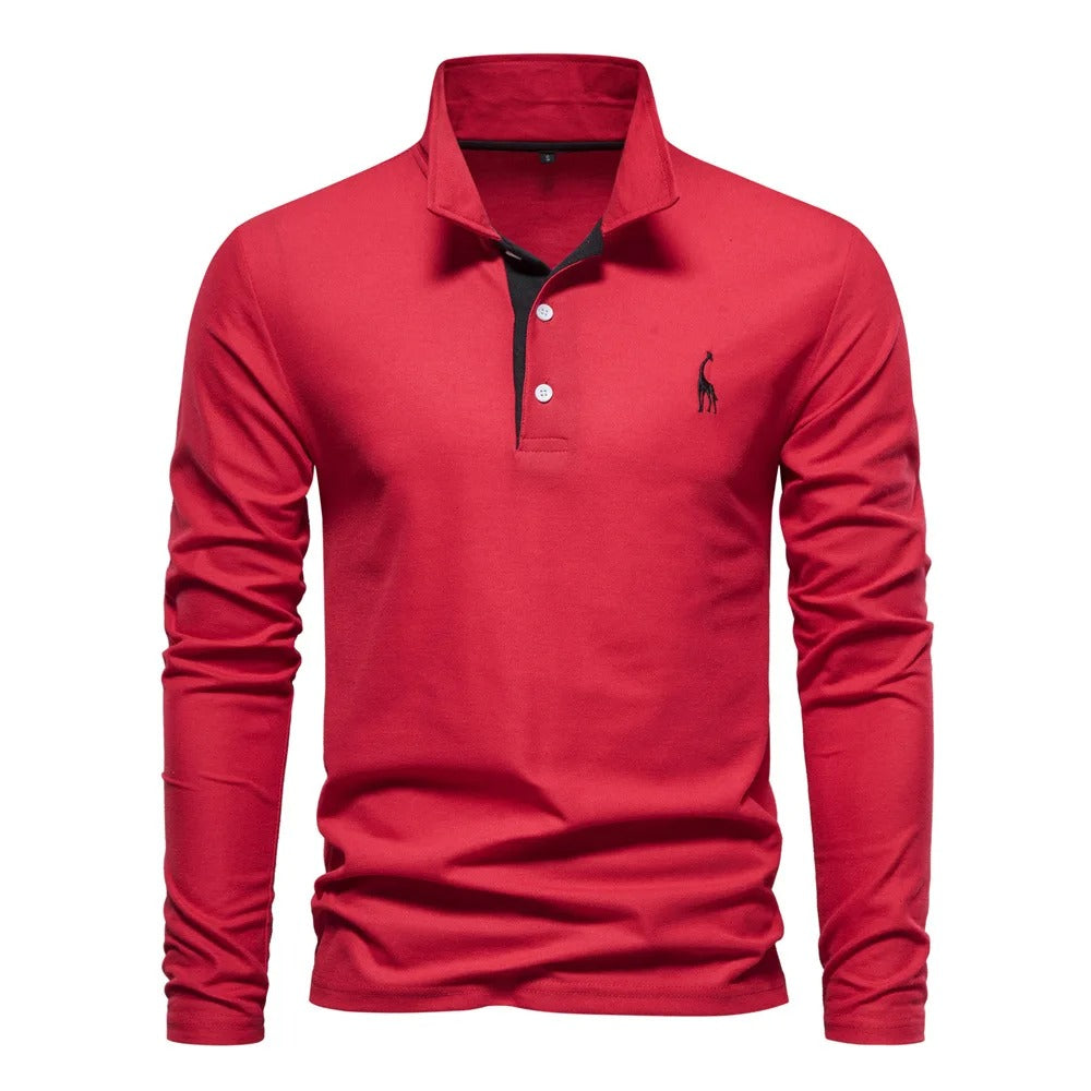 Herren Poloshirt aus Baumwolle, modisch, lässig, langärmelig, mit Hirsch-Stickerei-Design, T-Shirt für Männer | T12