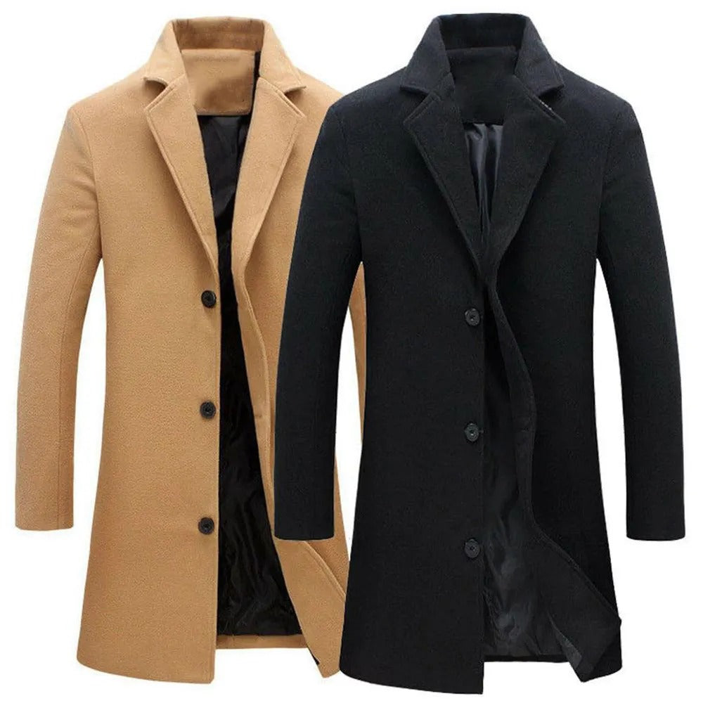 Herren Leichte Wolljacke Einfarbig Einreihig Revers Langer Mantel Business Mantel | D67