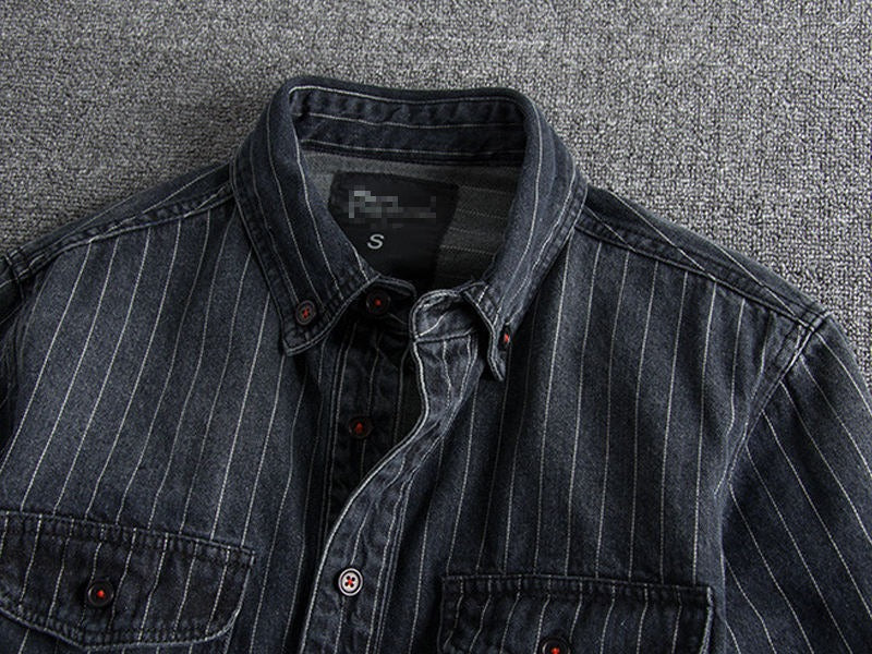 Herren Retro Heavy Distressed Denim Shirt Slim Fit Gestreiftes Langarmhemd | 8833