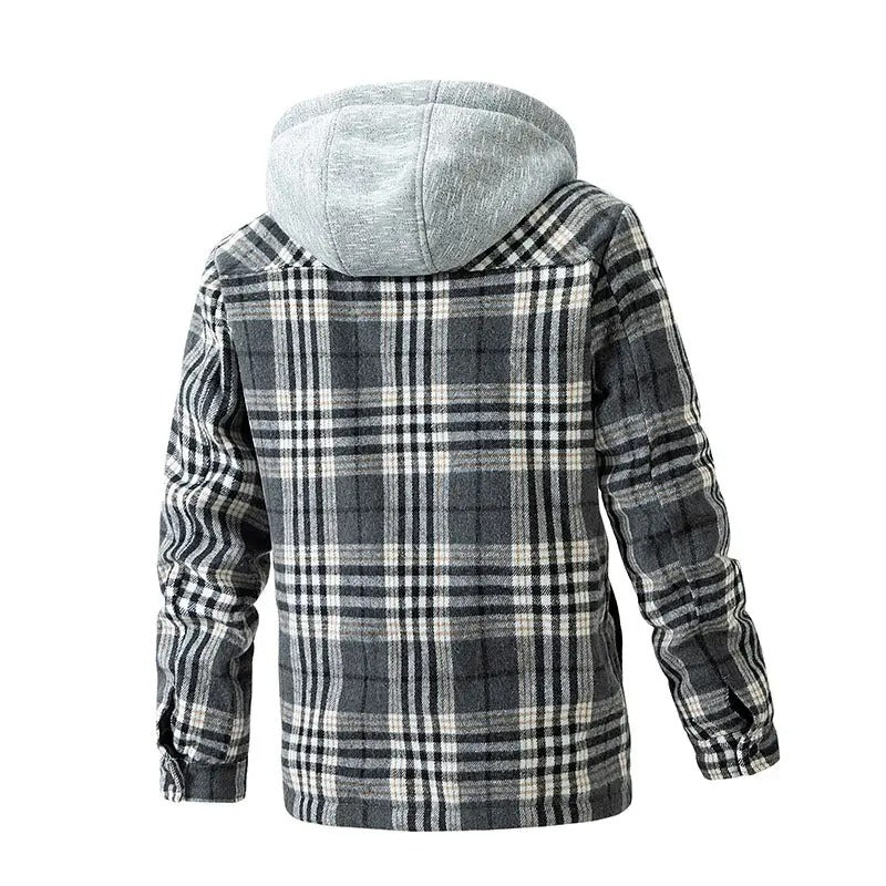 Hochwertige Winterjacke für Herren, karierte Wolle, schweres Übergrößenhemd, karierter Kapuzenmantel, Oversize-Oberteil | 88027