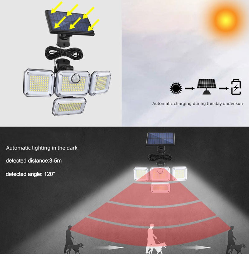 Solar-LED-Wandleuchten für den Außenbereich, geteiltes Licht mit Bewegungsmelder, 4 Köpfe, 3 Modi, Solarlampe |