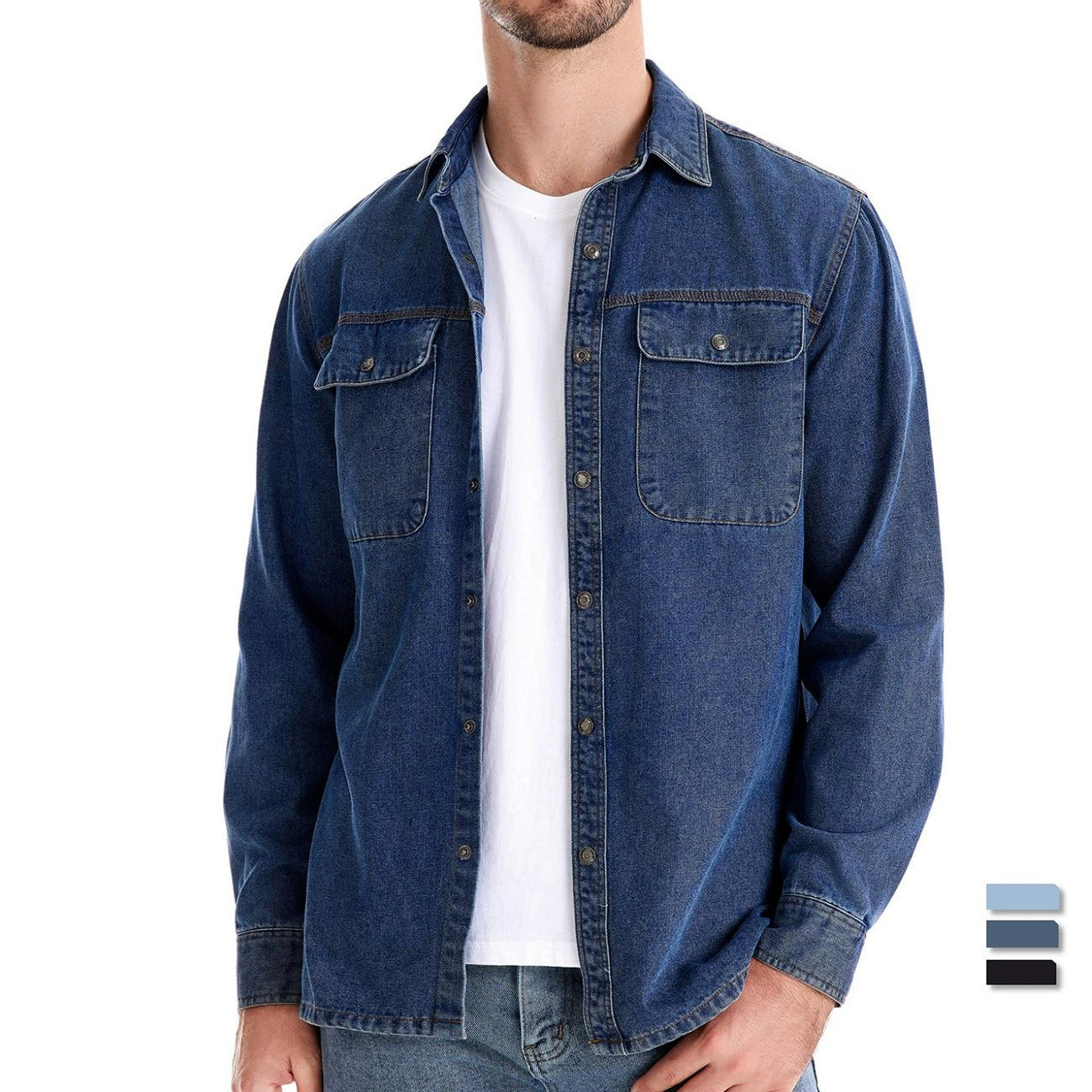 Herren-Jeanshemd mit verwaschenem Muster – Langarm, 100 % Baumwolle, lässiges Button-Up-Oberteil | 6025