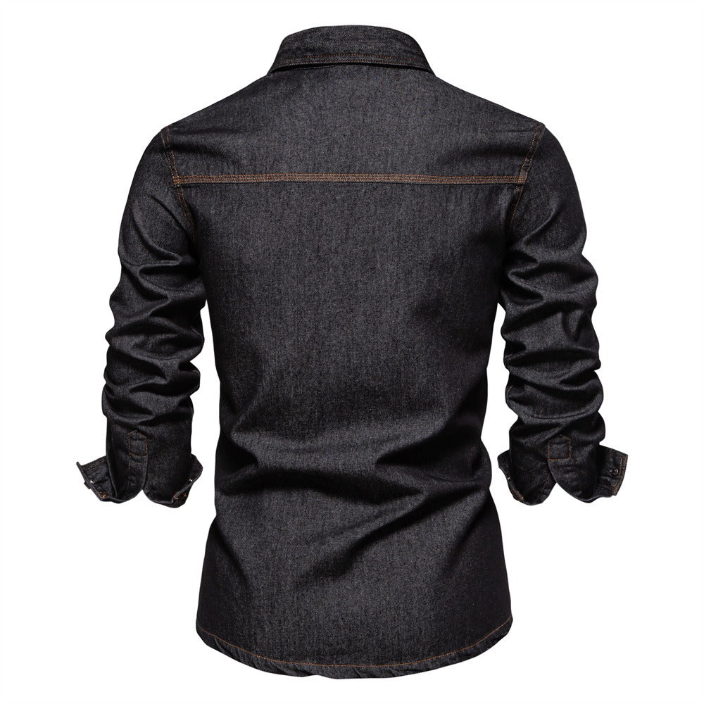 Herren-Jeanshemd mit verwaschenem Muster – Langarm, 100 % Baumwolle, lässiges Button-Up-Oberteil | 6025
