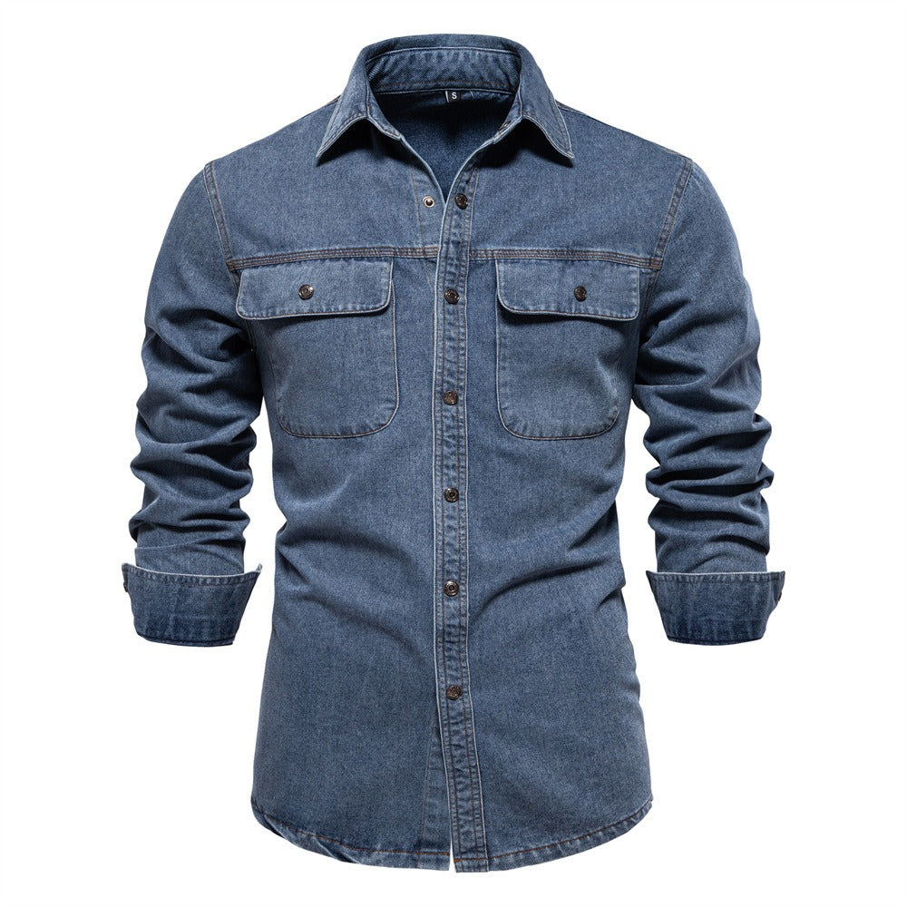 Herren-Jeanshemd mit verwaschenem Muster – Langarm, 100 % Baumwolle, lässiges Button-Up-Oberteil | 6025