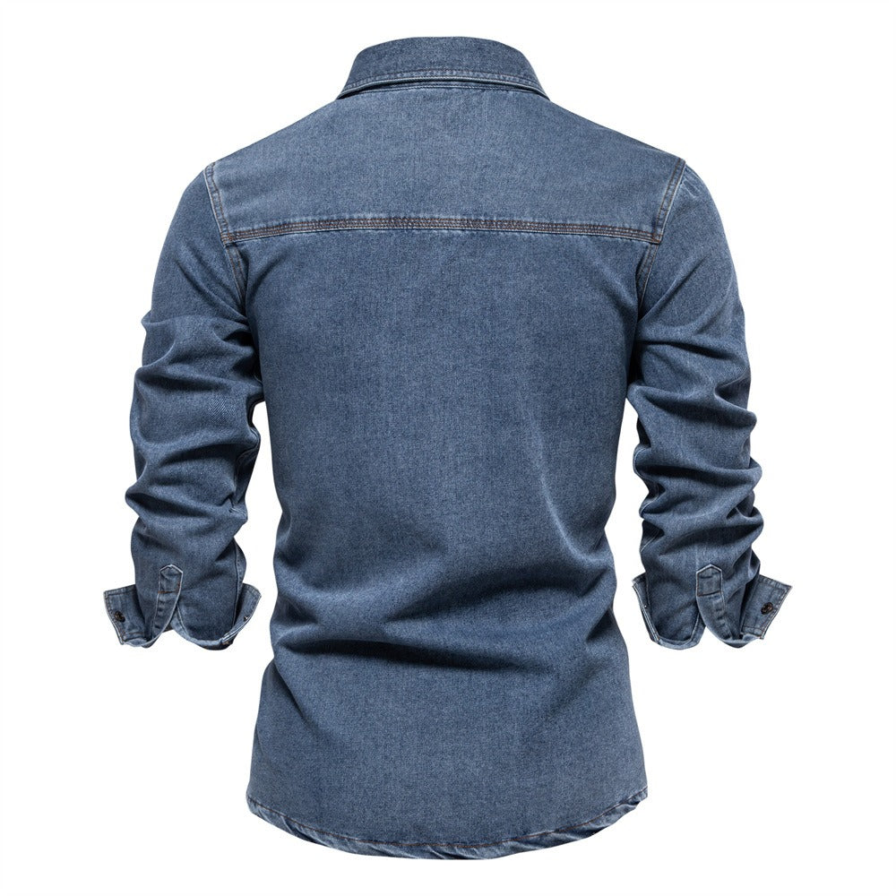 Herren-Jeanshemd mit verwaschenem Muster – Langarm, 100 % Baumwolle, lässiges Button-Up-Oberteil | 6025