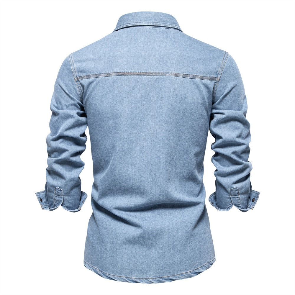 Herren-Jeanshemd mit verwaschenem Muster – Langarm, 100 % Baumwolle, lässiges Button-Up-Oberteil | 6025
