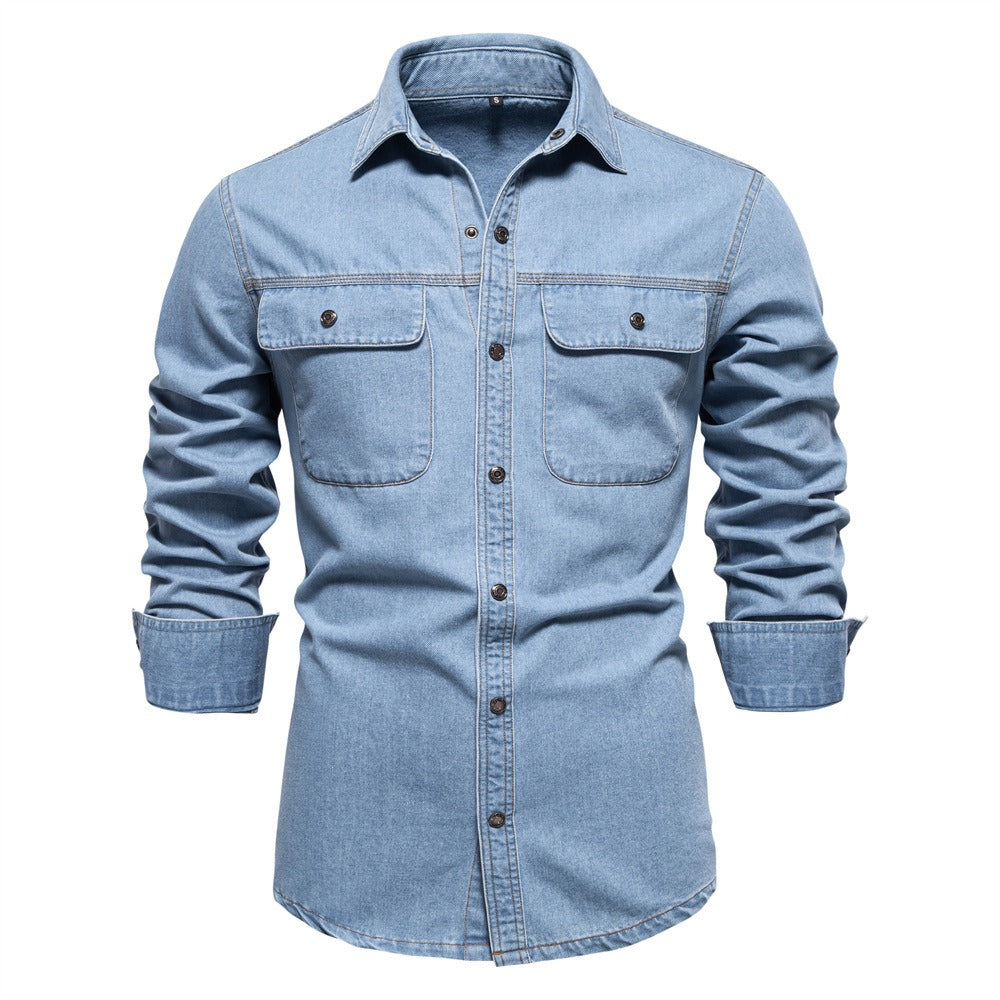 Herren-Jeanshemd mit verwaschenem Muster – Langarm, 100 % Baumwolle, lässiges Button-Up-Oberteil | 6025