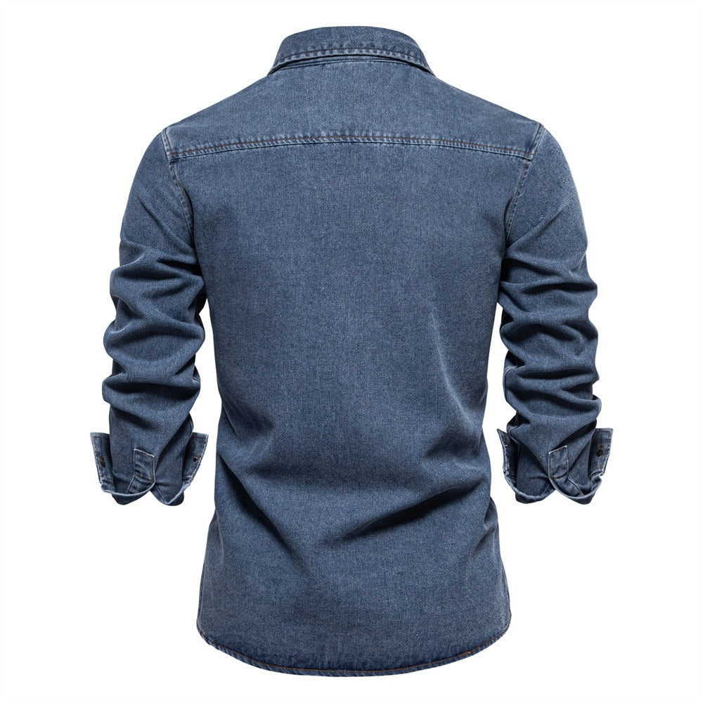 Herren-Jeanshemd aus gewaschener Baumwolle im Euro-Fit – Langarm, einfarbig, lässig, zum Zuknöpfen | 6028